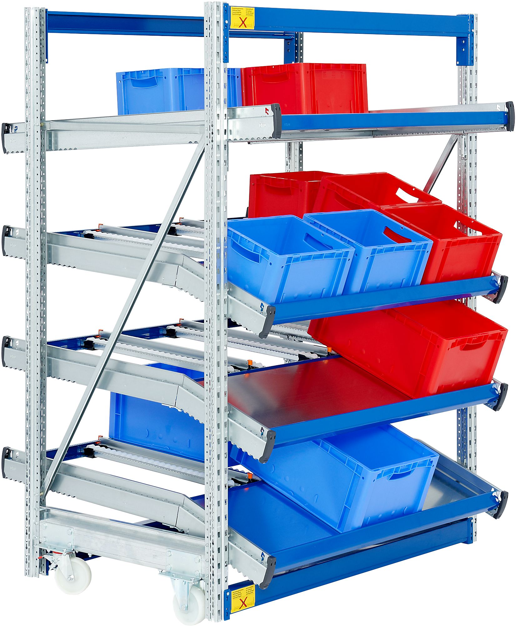 Stückgut-Durchlaufregale FLEX - verfahrbar, Vorlaufebenen abgeknickt