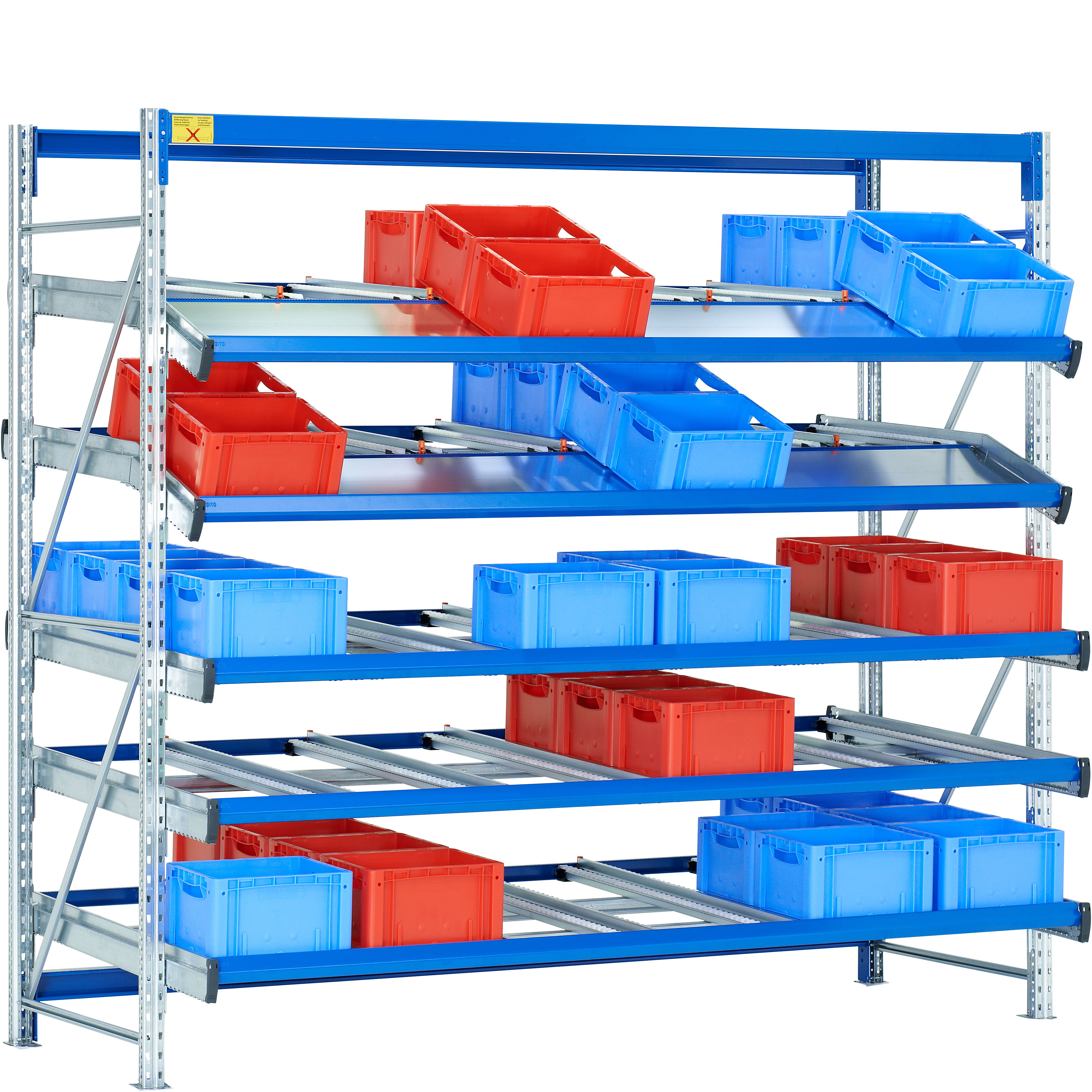 Stückgut-Durchlaufregale FLEX - statisch, 3 Ebenen gerade, 2 Ebenen abgeknickt