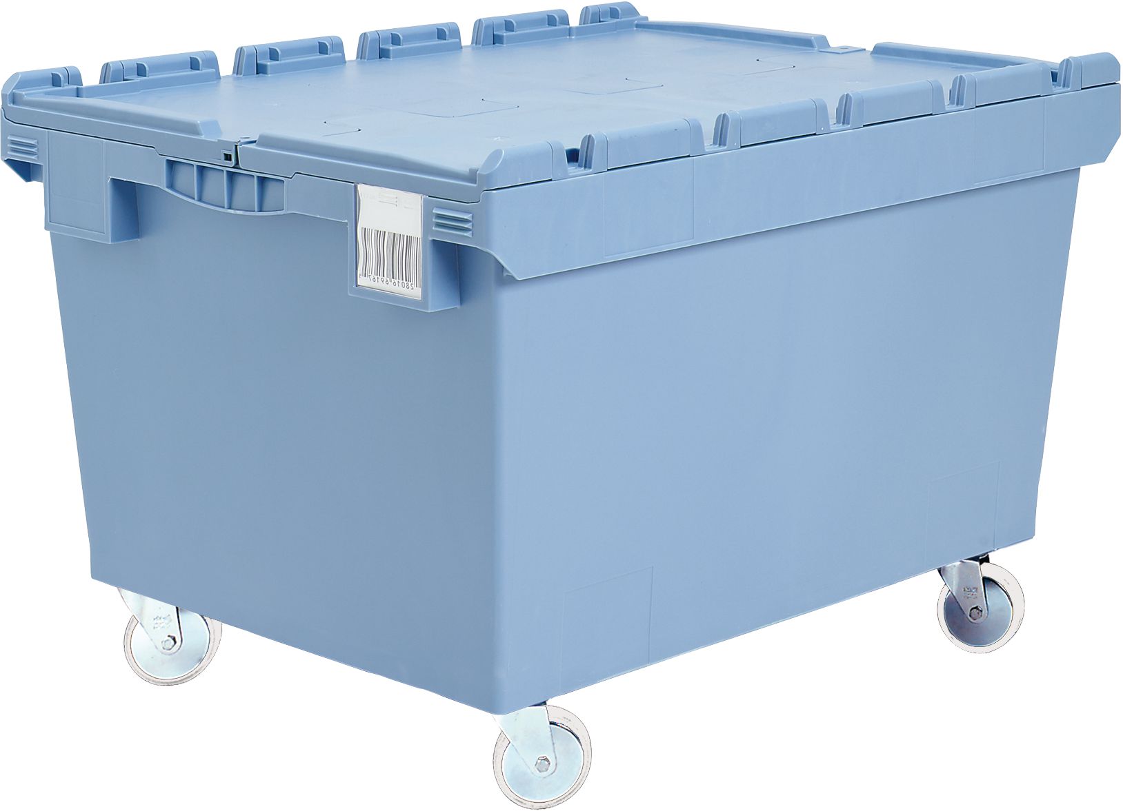 Mehrwegbehälter MB - Doppelboden MBD86421DROLL-K - Kunststoffrollen und anscharnierter zweiteiliger Klappdeckel