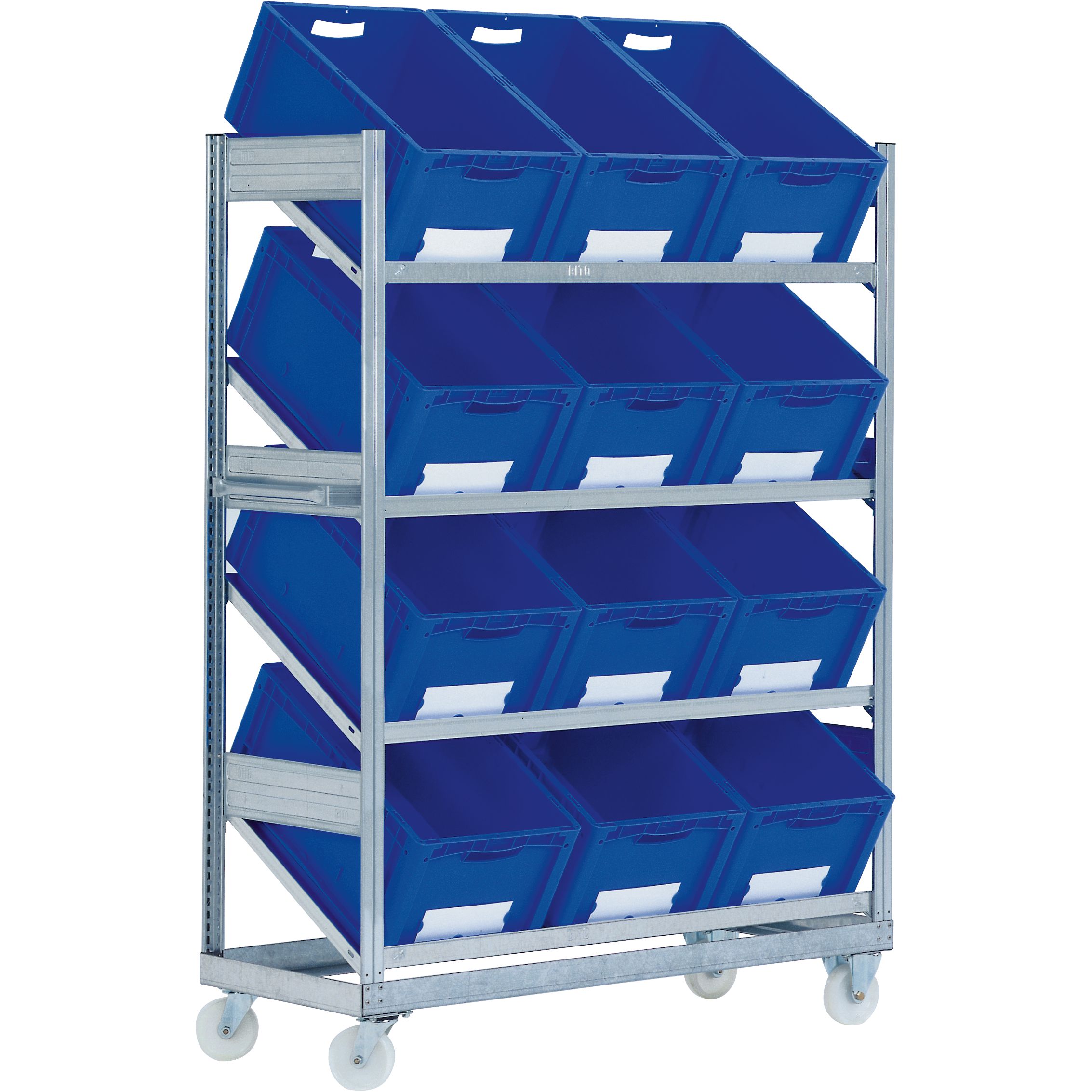 Schrägbodenregale - mit Kästen, verfahrbar