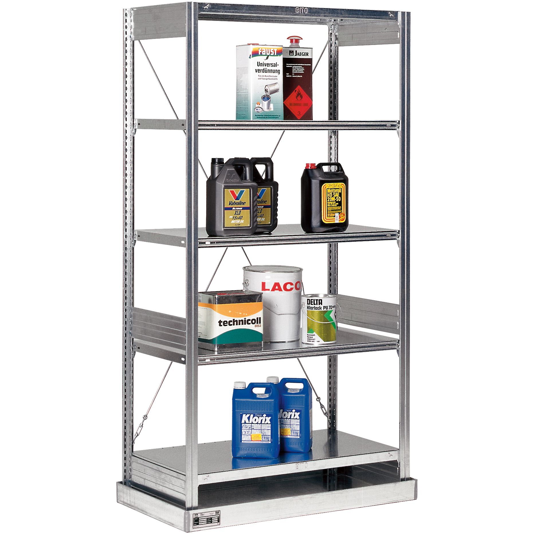 Kleingebinderegale - mit Fachböden und Auffangwanne