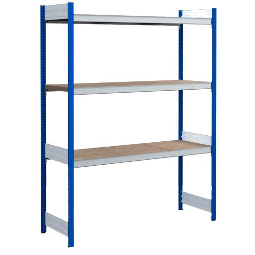 Großfachregale mit Spanplattenböden - Stützen RAL 5010 Enzianblau, übrige Regalbauteile glanzverzinkt