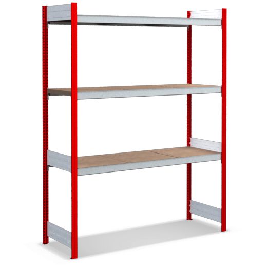 Großfachregale mit Spanplattenböden - Stützen RAL 3000 Feuerrot, übrige Regalbauteile glanzverzinkt