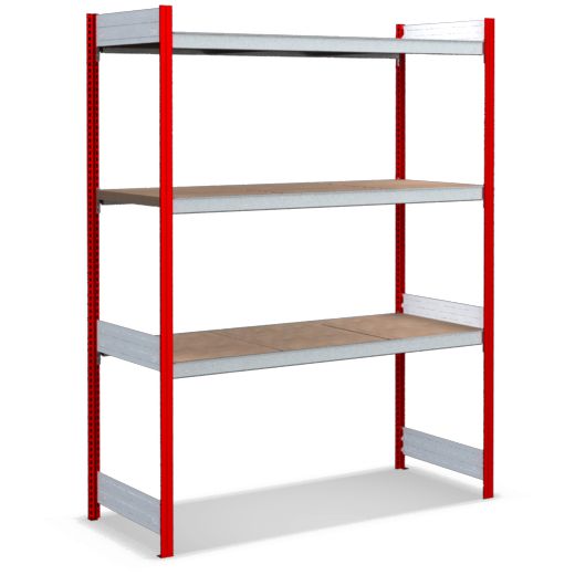 Großfachregale mit Spanplattenböden - Stützen RAL 3000 Feuerrot, übrige Regalbauteile glanzverzinkt