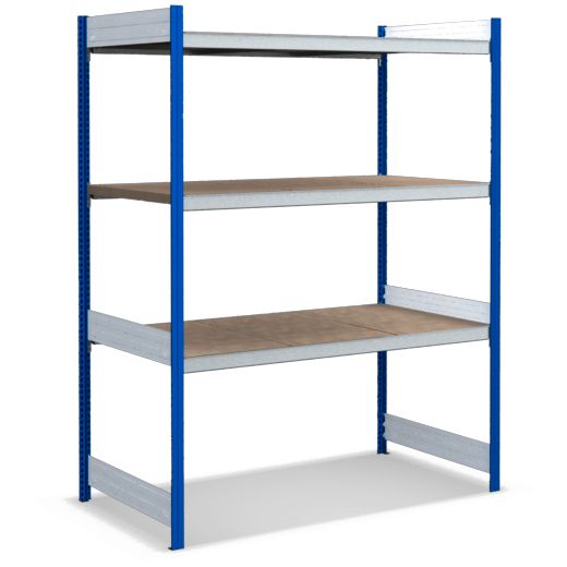 Großfachregale mit Spanplattenböden - Stützen RAL 5010 Enzianblau, übrige Regalbauteile glanzverzinkt