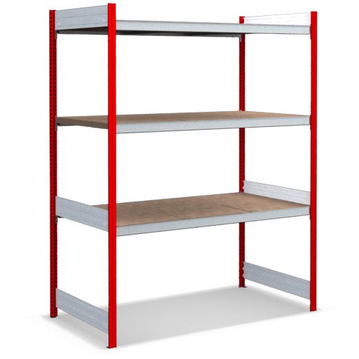 Großfachregale mit Spanplattenböden - Stützen RAL 3000 Feuerrot, übrige Regalbauteile glanzverzinkt