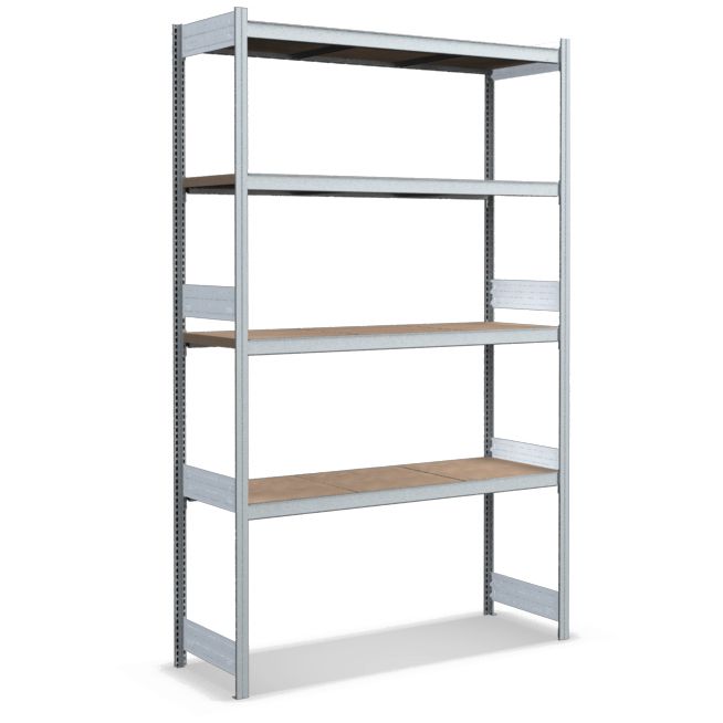 Großfachregale mit Spanplattenböden - glanzverzinkte Ausführung