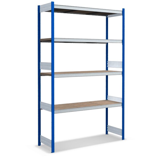 Großfachregale mit Spanplattenböden - Stützen RAL 5010 Enzianblau, übrige Regalbauteile glanzverzinkt