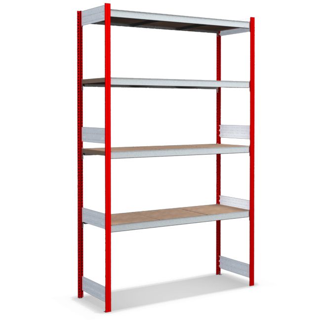 Großfachregale mit Spanplattenböden - Stützen RAL 3000 Feuerrot, übrige Regalbauteile glanzverzinkt
