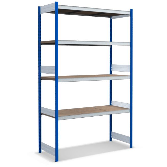 Großfachregale mit Spanplattenböden - Stützen RAL 5010 Enzianblau, übrige Regalbauteile glanzverzinkt
