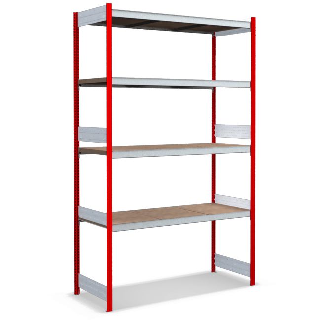Großfachregale mit Spanplattenböden - Stützen RAL 3000 Feuerrot, übrige Regalbauteile glanzverzinkt