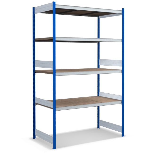 Großfachregale mit Spanplattenböden - Stützen RAL 5010 Enzianblau, übrige Regalbauteile glanzverzinkt