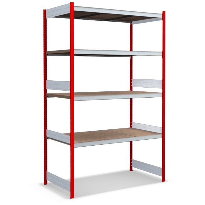Großfachregale mit Spanplattenböden - Stützen RAL 3000 Feuerrot, übrige Regalbauteile glanzverzinkt