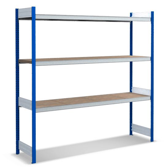 Großfachregale mit Spanplattenböden - Stützen RAL 5010 Enzianblau, übrige Regalbauteile glanzverzinkt