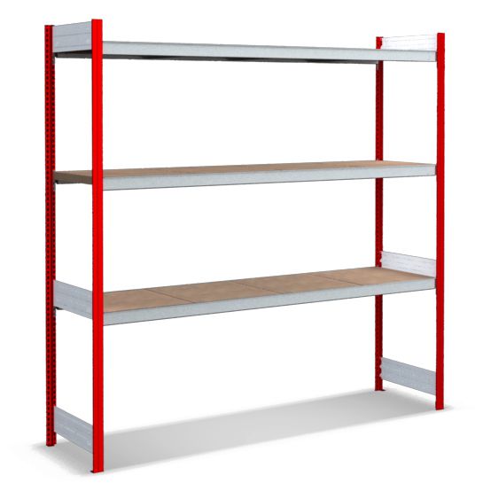 Großfachregale mit Spanplattenböden - Stützen RAL 3000 Feuerrot, übrige Regalbauteile glanzverzinkt