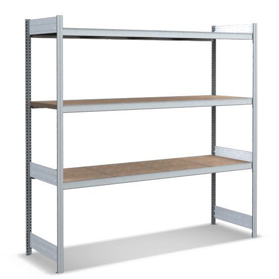 Großfachregale mit Spanplattenböden - glanzverzinkte Ausführung