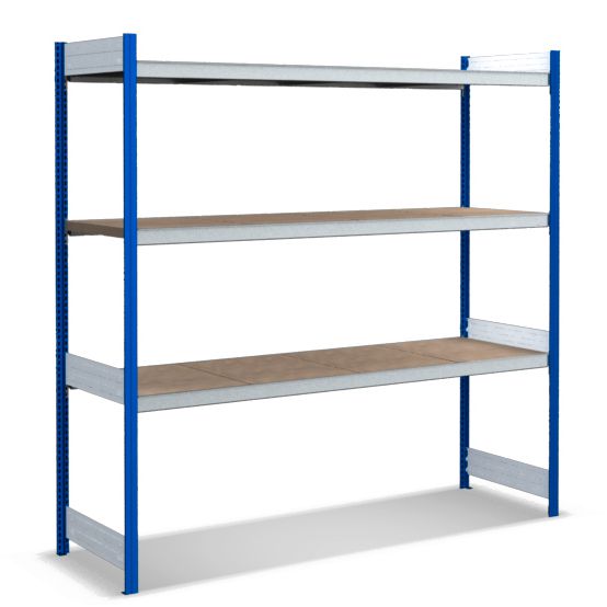 Großfachregale mit Spanplattenböden - Stützen RAL 5010 Enzianblau, übrige Regalbauteile glanzverzinkt