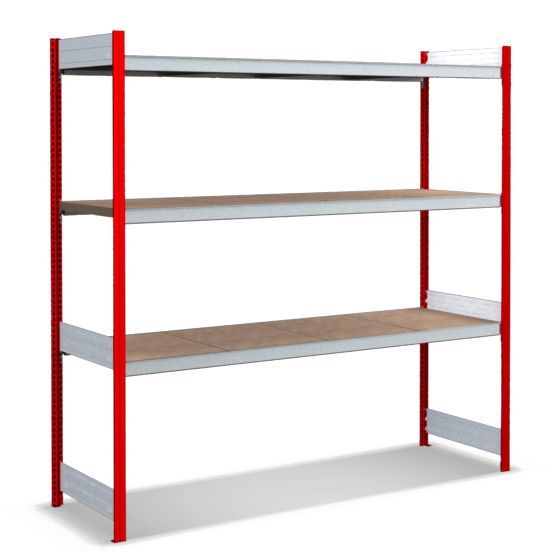 Großfachregale mit Spanplattenböden - Stützen RAL 3000 Feuerrot, übrige Regalbauteile glanzverzinkt