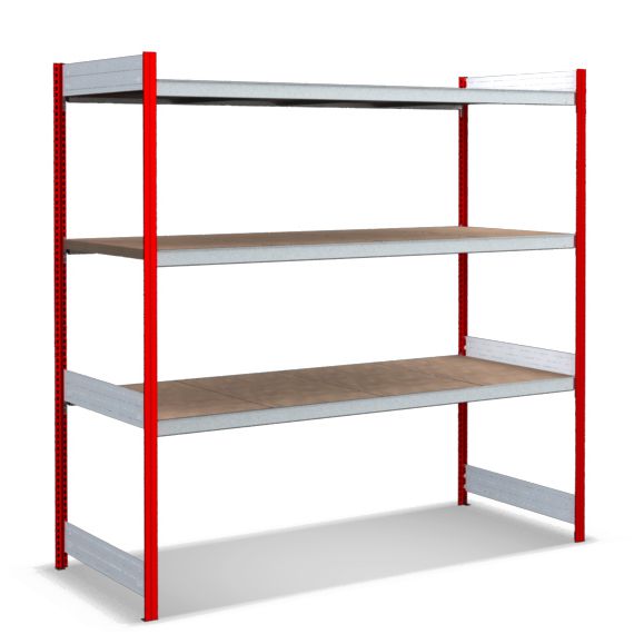 Großfachregale mit Spanplattenböden - Stützen RAL 3000 Feuerrot, übrige Regalbauteile glanzverzinkt