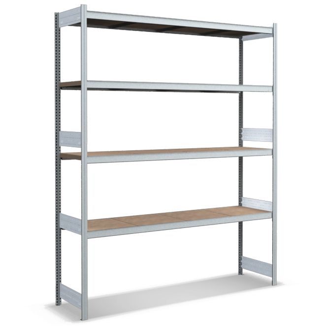 Großfachregale mit Spanplattenböden - glanzverzinkte Ausführung