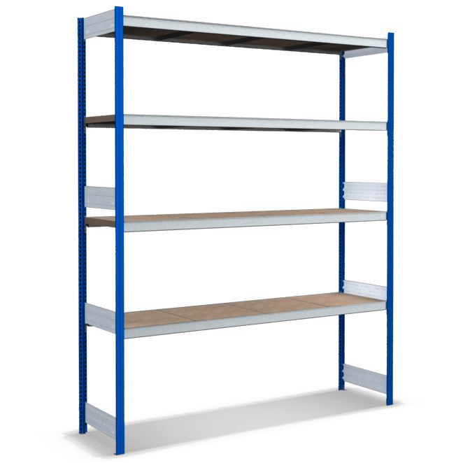 Großfachregale mit Spanplattenböden - Stützen RAL 5010 Enzianblau, übrige Regalbauteile glanzverzinkt
