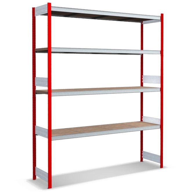 Großfachregale mit Spanplattenböden - Stützen RAL 3000 Feuerrot, übrige Regalbauteile glanzverzinkt