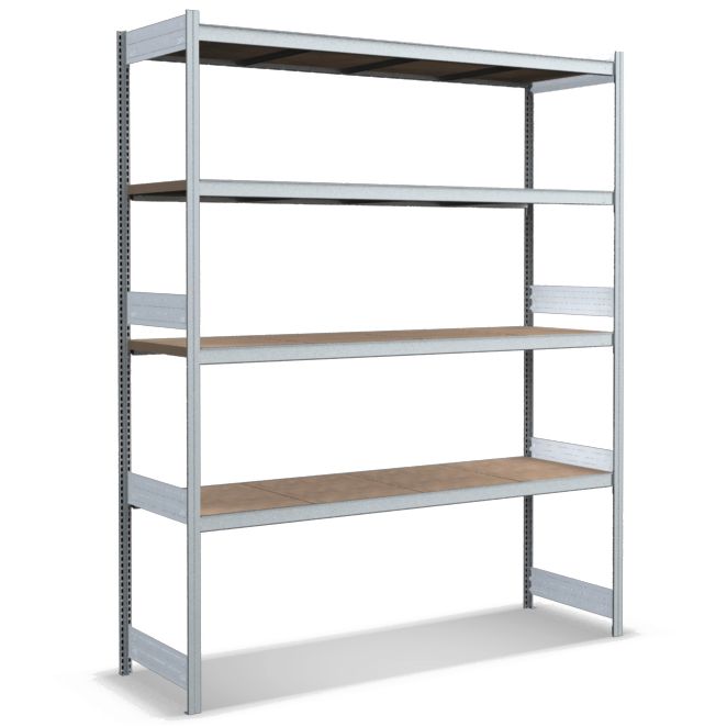 Großfachregale mit Spanplattenböden - glanzverzinkte Ausführung