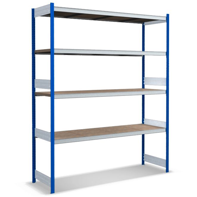 Großfachregale mit Spanplattenböden - Stützen RAL 5010 Enzianblau, übrige Regalbauteile glanzverzinkt