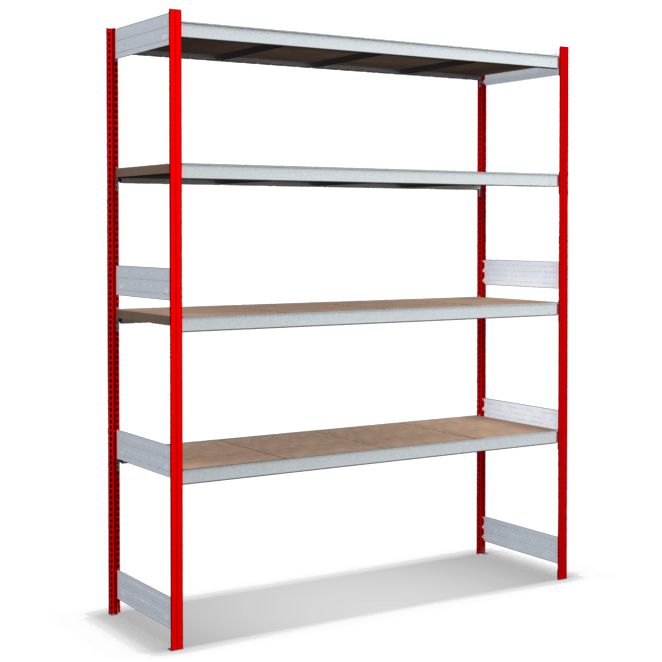 Großfachregale mit Spanplattenböden - Stützen RAL 3000 Feuerrot, übrige Regalbauteile glanzverzinkt