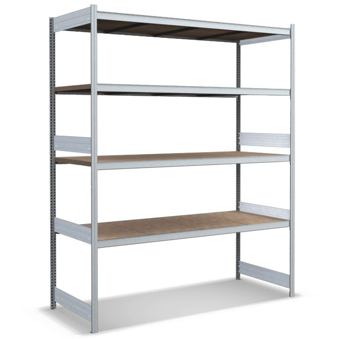 Großfachregale mit Spanplattenböden - glanzverzinkte Ausführung