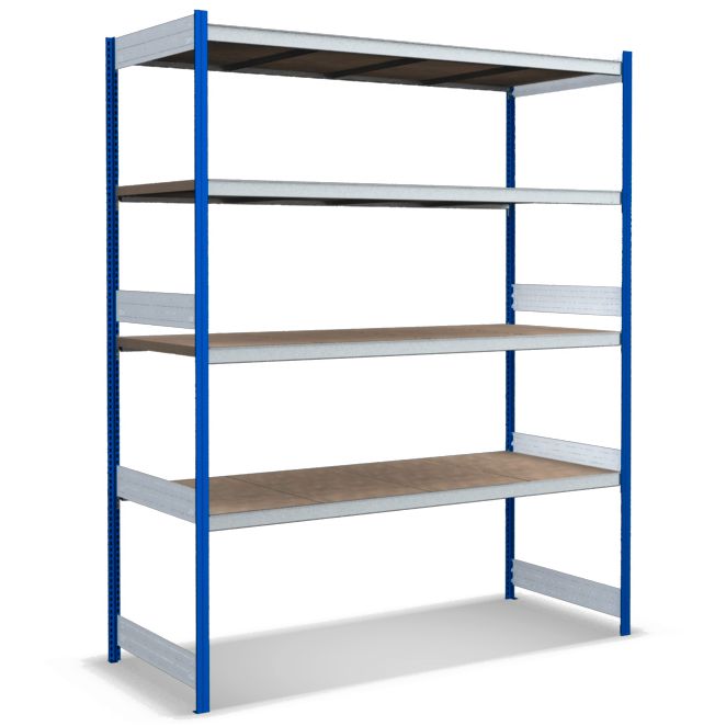 Großfachregale mit Spanplattenböden - Stützen RAL 5010 Enzianblau, übrige Regalbauteile glanzverzinkt