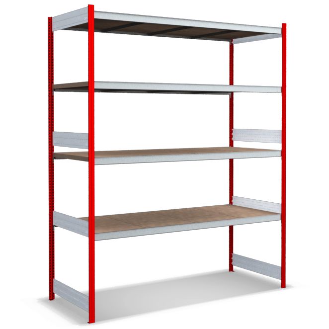 Großfachregale mit Spanplattenböden - Stützen RAL 3000 Feuerrot, übrige Regalbauteile glanzverzinkt