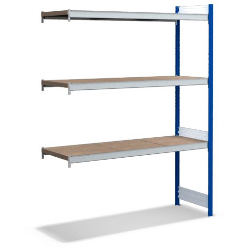 Großfachregale mit Spanplattenböden - Stützen RAL 5010 Enzianblau, übrige Regalbauteile glanzverzinkt
