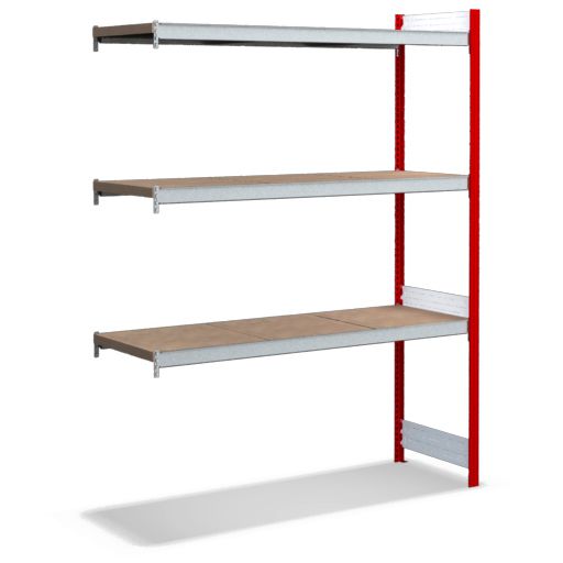 Großfachregale mit Spanplattenböden - Stützen RAL 3000 Feuerrot, übrige Regalbauteile glanzverzinkt