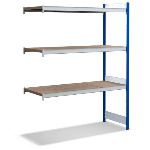 Großfachregale mit Spanplattenböden - Stützen RAL 5010 Enzianblau, übrige Regalbauteile glanzverzinkt