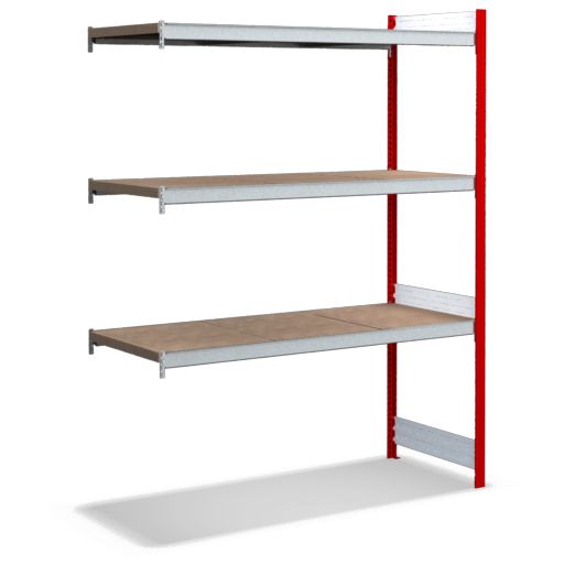 Großfachregale mit Spanplattenböden - Stützen RAL 3000 Feuerrot, übrige Regalbauteile glanzverzinkt