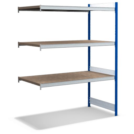 Großfachregale mit Spanplattenböden - Stützen RAL 5010 Enzianblau, übrige Regalbauteile glanzverzinkt