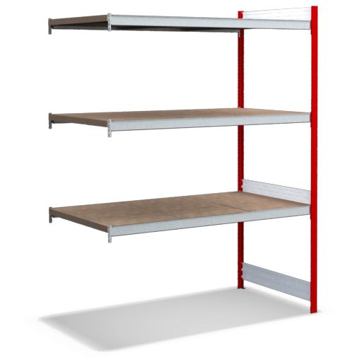 Großfachregale mit Spanplattenböden - Stützen RAL 3000 Feuerrot, übrige Regalbauteile glanzverzinkt