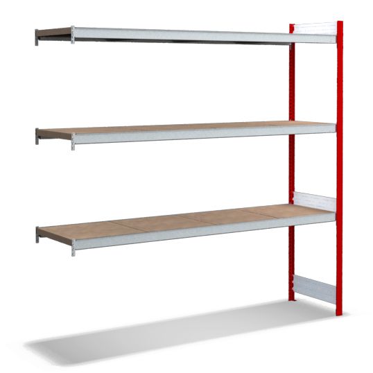 Großfachregale mit Spanplattenböden - Stützen RAL 3000 Feuerrot, übrige Regalbauteile glanzverzinkt