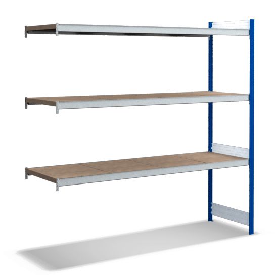 Großfachregale mit Spanplattenböden - Stützen RAL 5010 Enzianblau, übrige Regalbauteile glanzverzinkt