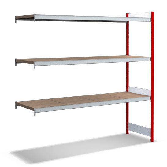 Großfachregale mit Spanplattenböden - Stützen RAL 3000 Feuerrot, übrige Regalbauteile glanzverzinkt