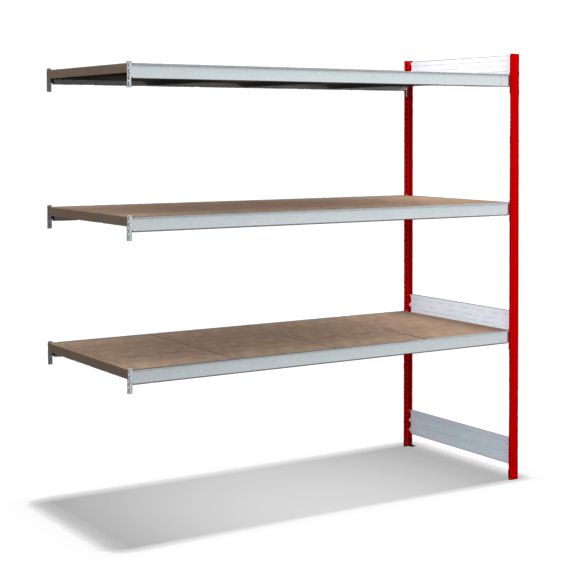 Großfachregale mit Spanplattenböden - Stützen RAL 3000 Feuerrot, übrige Regalbauteile glanzverzinkt