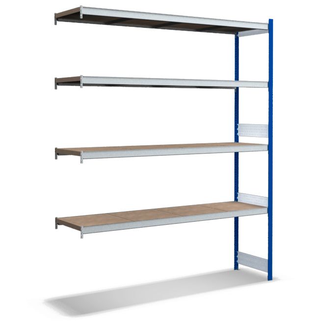 Großfachregale mit Spanplattenböden - Stützen RAL 5010 Enzianblau, übrige Regalbauteile glanzverzinkt