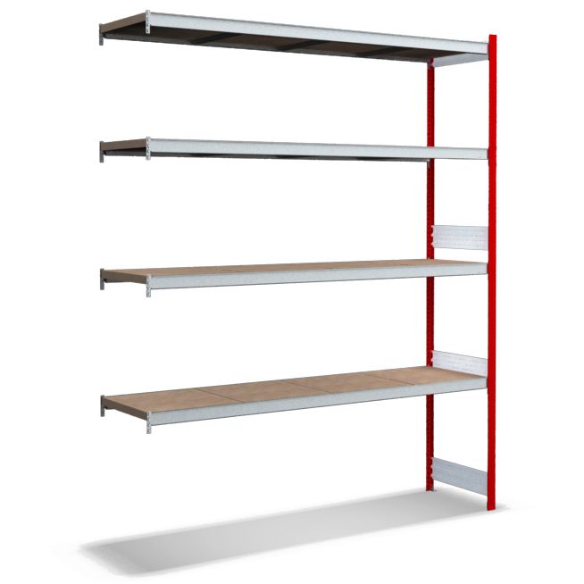 Großfachregale mit Spanplattenböden - Stützen RAL 3000 Feuerrot, übrige Regalbauteile glanzverzinkt