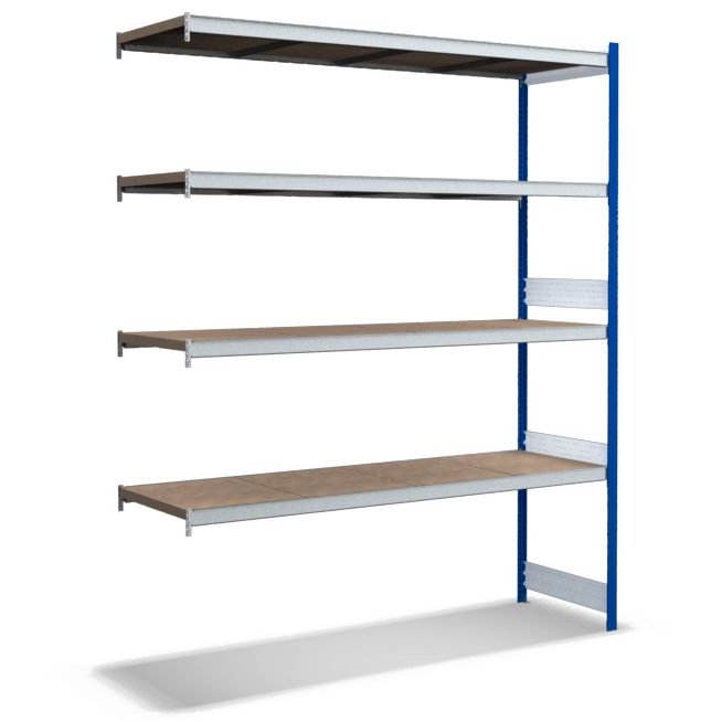 Großfachregale mit Spanplattenböden - Stützen RAL 5010 Enzianblau, übrige Regalbauteile glanzverzinkt