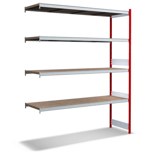 Großfachregale mit Spanplattenböden - Stützen RAL 3000 Feuerrot, übrige Regalbauteile glanzverzinkt