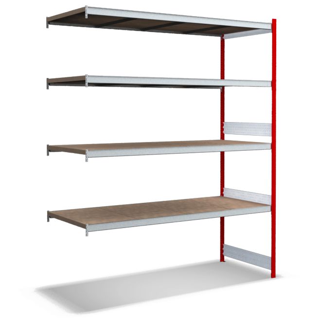 Großfachregale mit Spanplattenböden - Stützen RAL 3000 Feuerrot, übrige Regalbauteile glanzverzinkt