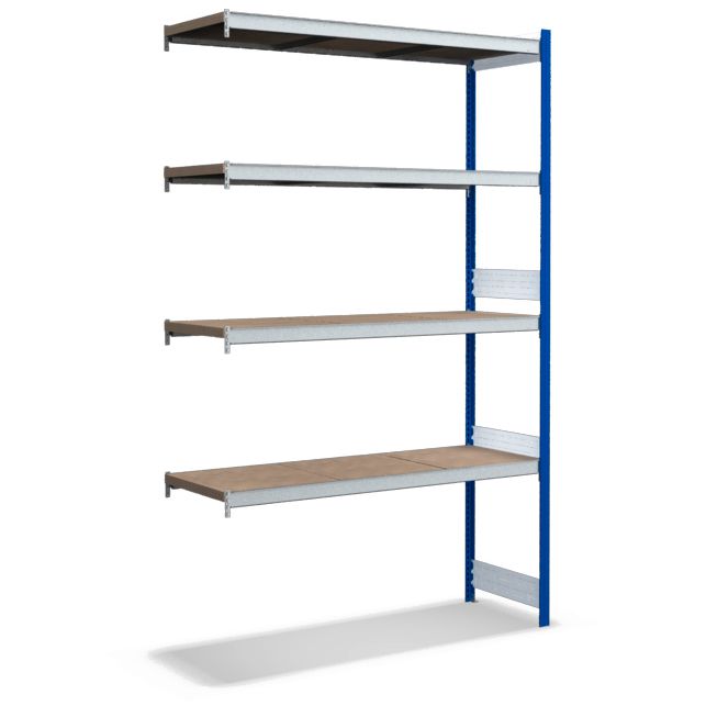 Großfachregale mit Spanplattenböden - Stützen RAL 5010 Enzianblau, übrige Regalbauteile glanzverzinkt