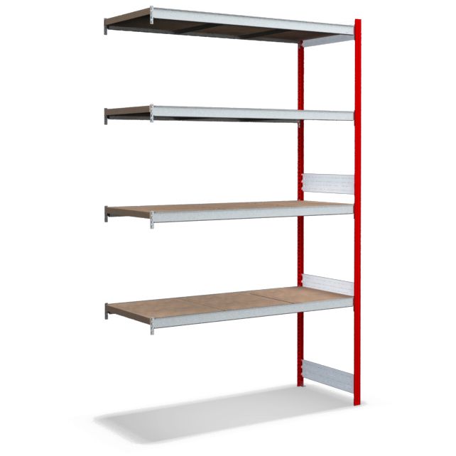 Großfachregale mit Spanplattenböden - Stützen RAL 3000 Feuerrot, übrige Regalbauteile glanzverzinkt