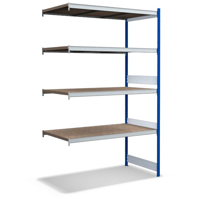 Großfachregale mit Spanplattenböden - Stützen RAL 5010 Enzianblau, übrige Regalbauteile glanzverzinkt